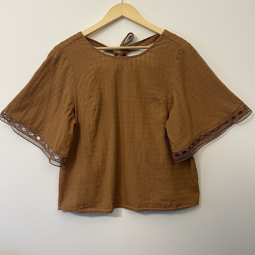 Sweet Salt Boho Cotton Crop‎ Top Lace Trim Textured Tie Brown Fall Size XL